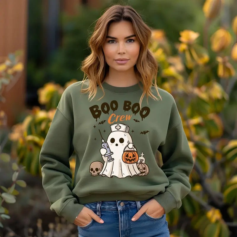 Halloween Nurse Cute Ghost Boo Crew Pumpkin Fall Spooky Season Unisex Sweatshirt Cotton Printed T-Shirts, Hoodie