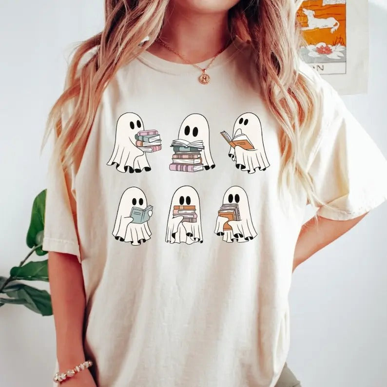 Halloween Retro Ghosts Reading Books Teacher Librarian Halloween Gift Spooky Season Trendy Shirt Gift Halloween Book...