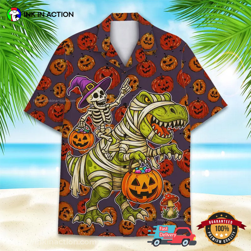 Halloween Skeleton Riding T-rex Hawaiian Shirt