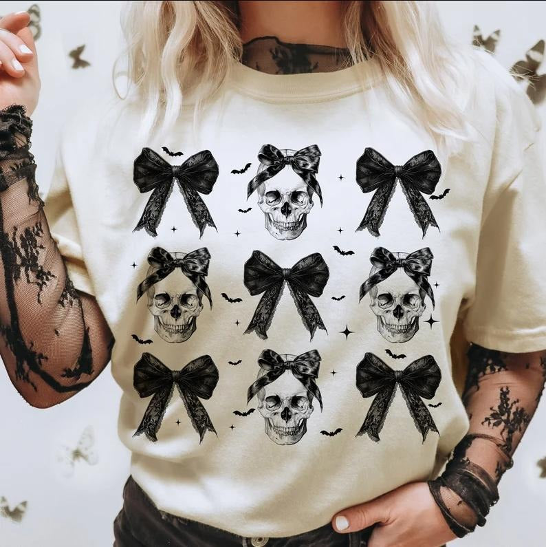 Halloween Skull Shirt, Coquette Bow Halloween T-Shirt, Halloween Shirt Hoodie, Sweatshirt | InkThreadWorks.com