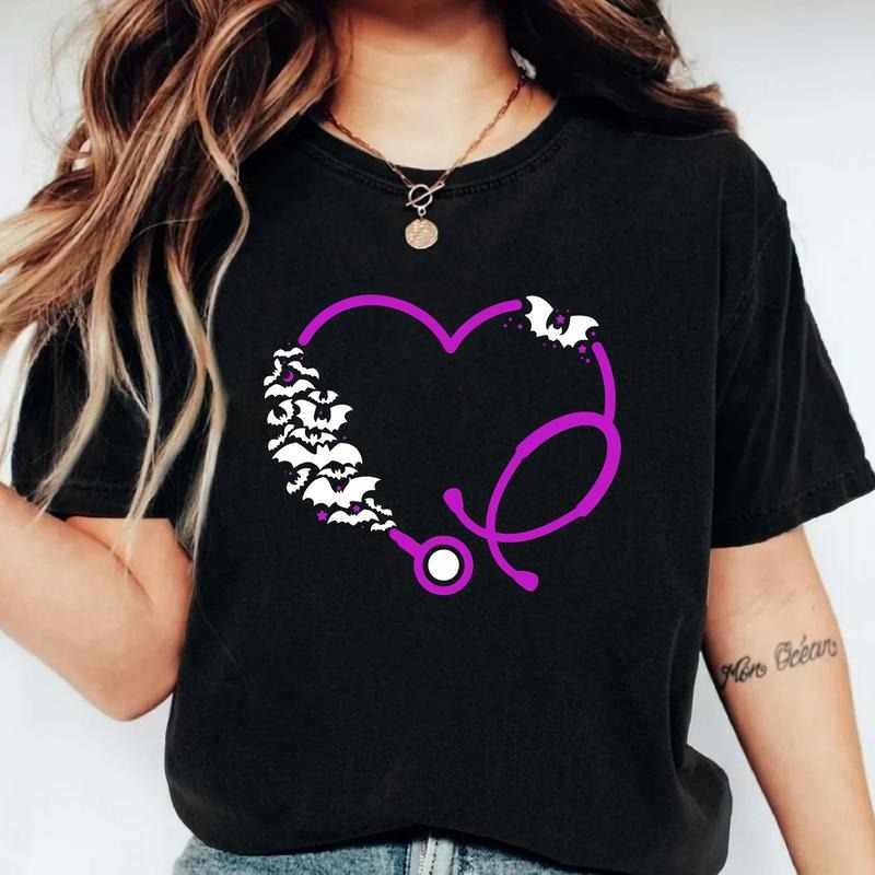 Halloween Stethoscope T-Shirt, Nurse Heart Stethoscope Shirt, Matching Doctors Halloween Gift Tee, Creepy Bats Tee...
