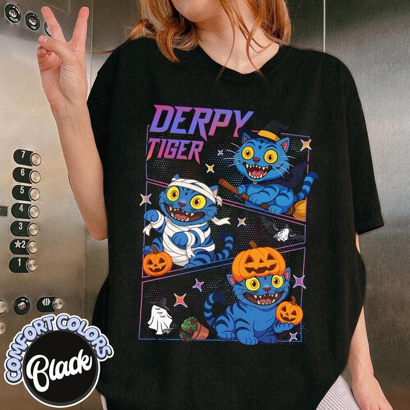Halloween Tiger Derpy Comfort Colors T Shirt, Kpop Demon Hunter Shirt, Pumpkin Fall Vibes, Anime Lover Gifts