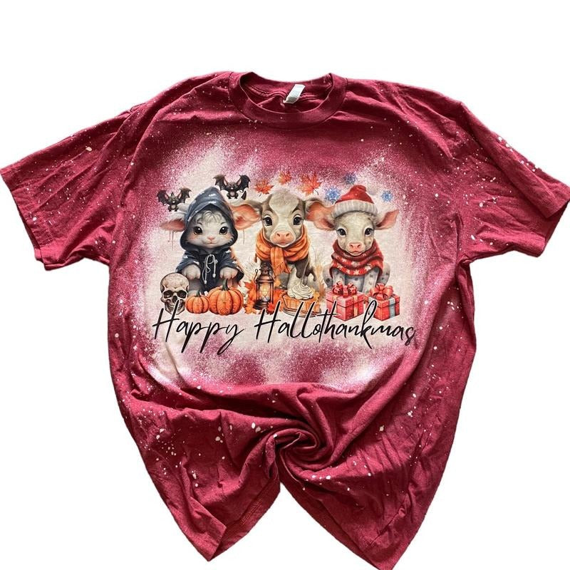 Happy Hallothankmas Bleached Shirt Hoodie, Sweatshirt | InkThreadWorks.com