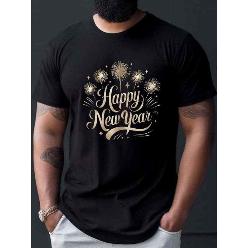Happy New Year Fireworks & Stars Print Men's T-Shirt