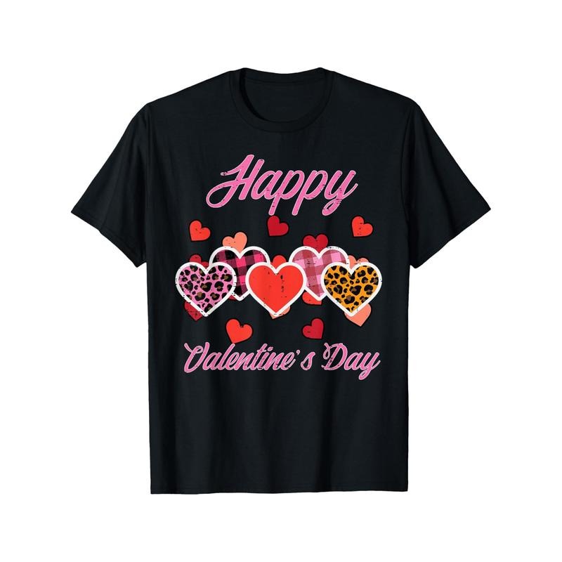 Happy Valentine's Day Men's T-Shirt - Funny Leopard Plaid Hearts, Short Sleeve Cotton Tee for Boyfriend Husband, Novelty Graphic Printed, Machine Washable made in usa