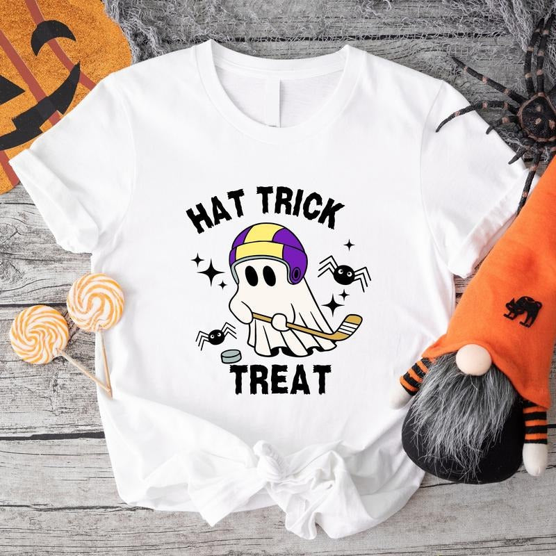Hat Trick or Treat Shirt, Hockey Halloween T-Shirt, Cute Ghost Tee, Matching Hockey Player Halloween Gift Tee, Boo Day Celebration Shirt.
