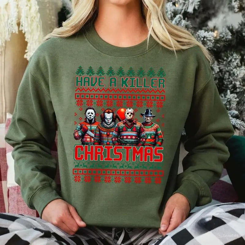 Have A Killer Christmas Sweatshirt, Merry Creepmas Killers Horror Friends Unisex Tee Hoodie | InkThreadWorks.com