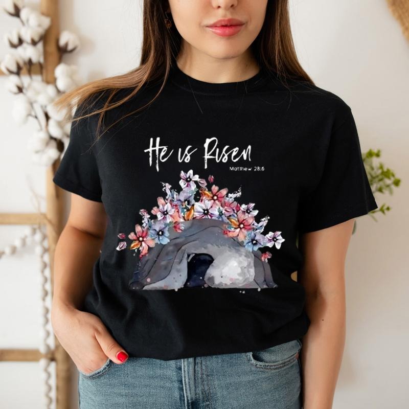 He Is Risen Flower Christian Shirt Casual Style Crew Neck Short Sleeve T-Shirt Tops Trendy for Unisex, Perfect Gift...