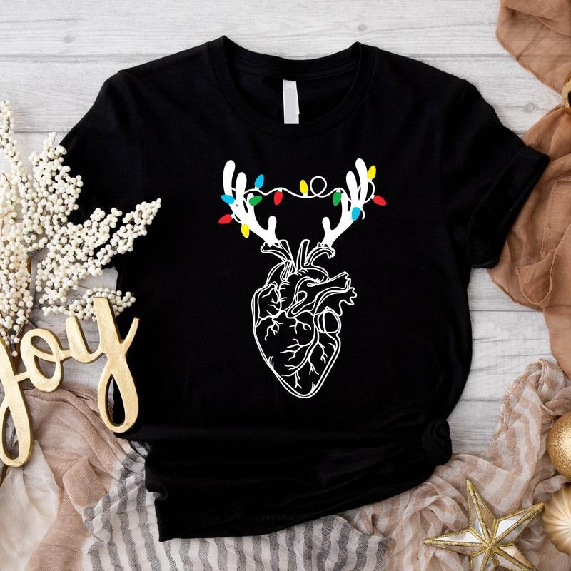 Heart Anatomy Christmas Shirt, Christmas Light Nurse T-Shirt, Reindeer Heart Tee, Anatomical Heart Xmas Gift Tee, Cath...