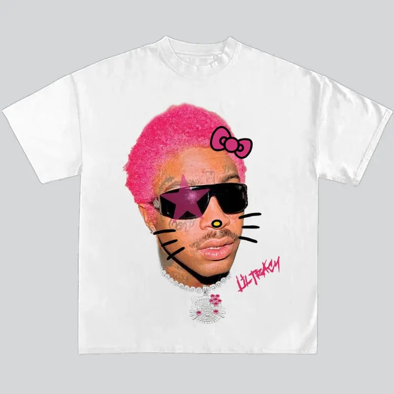 Hello Lil Kitty Tracy Pink Super Star Graphic Rap Tee Big Face
