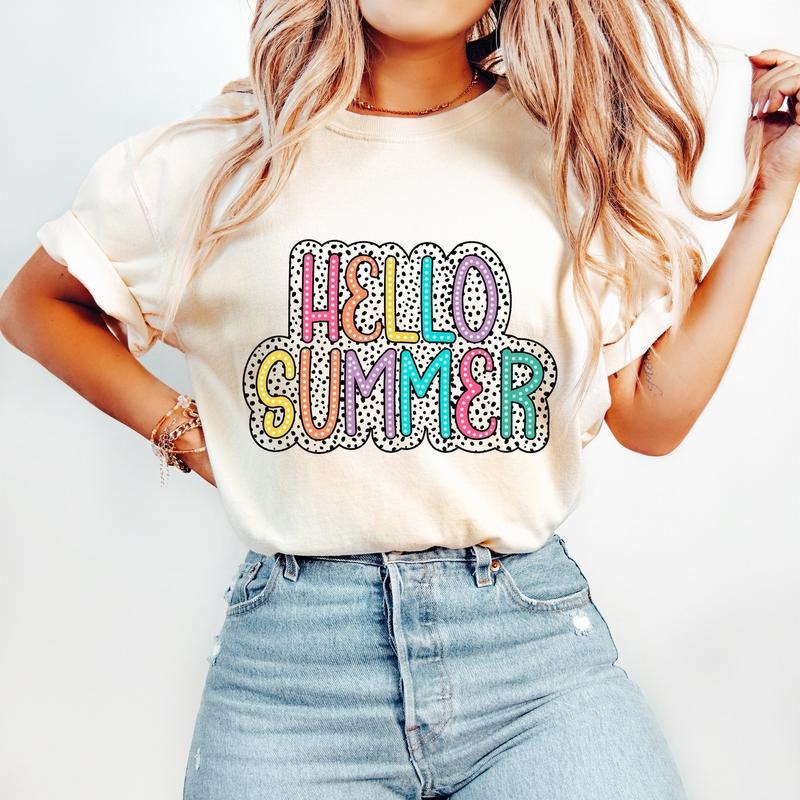 Hello Summer T-Shirt, Summer Vibes T-Shirt, Summer T-Shirt, Bright Doodle, Dalmatian Dots, Retro Summer T-Shirt, Beach...