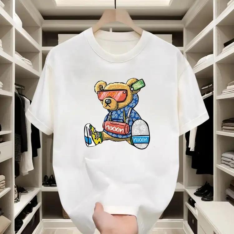 Hip - hop Style Cotton T - shirt | Trendy Bear Print for Street Outings Hoodie, Sweatshirt | InkThreadWorks.com