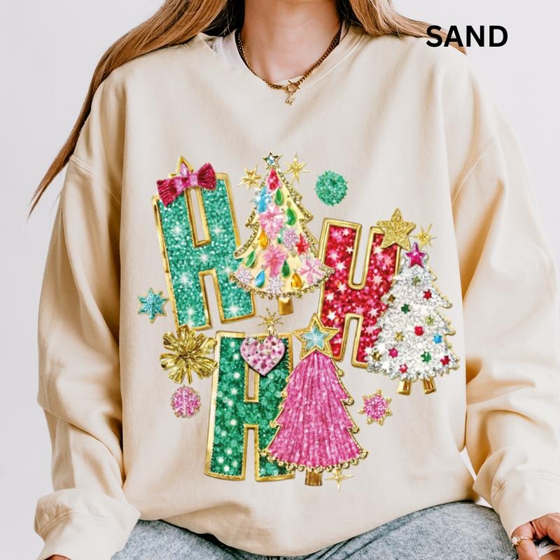 Ho Ho Ho Tree Faux Glitter Christmas Winter Graphic Sweatshirt Casual Cotton Polyester Oversized sweatshirt - Comfort Crewneck Menswear Womenswear christmas sweatshirt