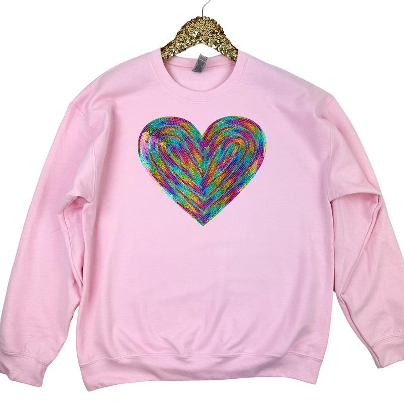 Holographic HEART Sequin Patch Sweatshirt -- LIGHT PINK