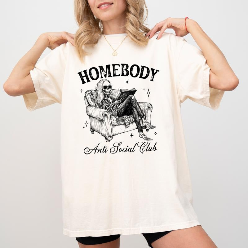 Homebody Anti Social Club Comfort Colors Shirt, Social Anxiety Tee, Funny Skeleton T-Shirt, Sarcastic Gift Tee Womenswear...