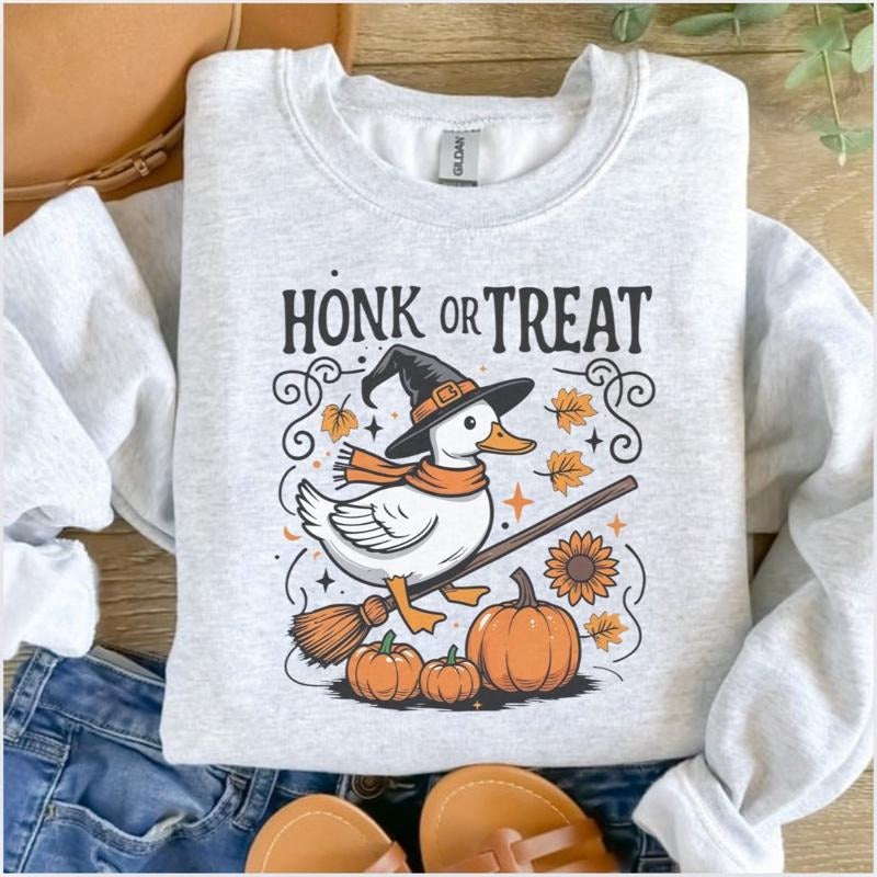 Honk Or Treat Porch Goose Halloween Sweatshirt - Ash Grey - Halloween Sweatshirt T-Shirts, Hoodie | InkThreadWorks.com
