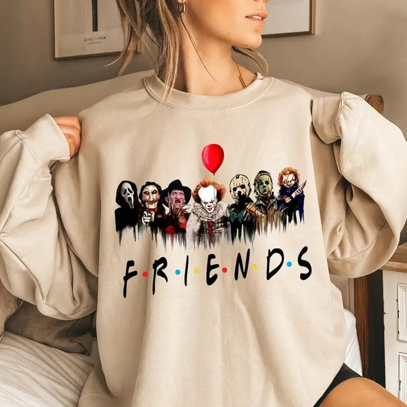Horror Characters Friends Sweatshirt, Halloween Horror Movie Characters sweatshirt for Horror Movie Fans Womenswear Check