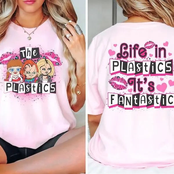 Horror doll tshirt, horror movie tshirt, funny Halloween graphic tee, pink spooky shirt, retro aesthetic, scary characters Valentines