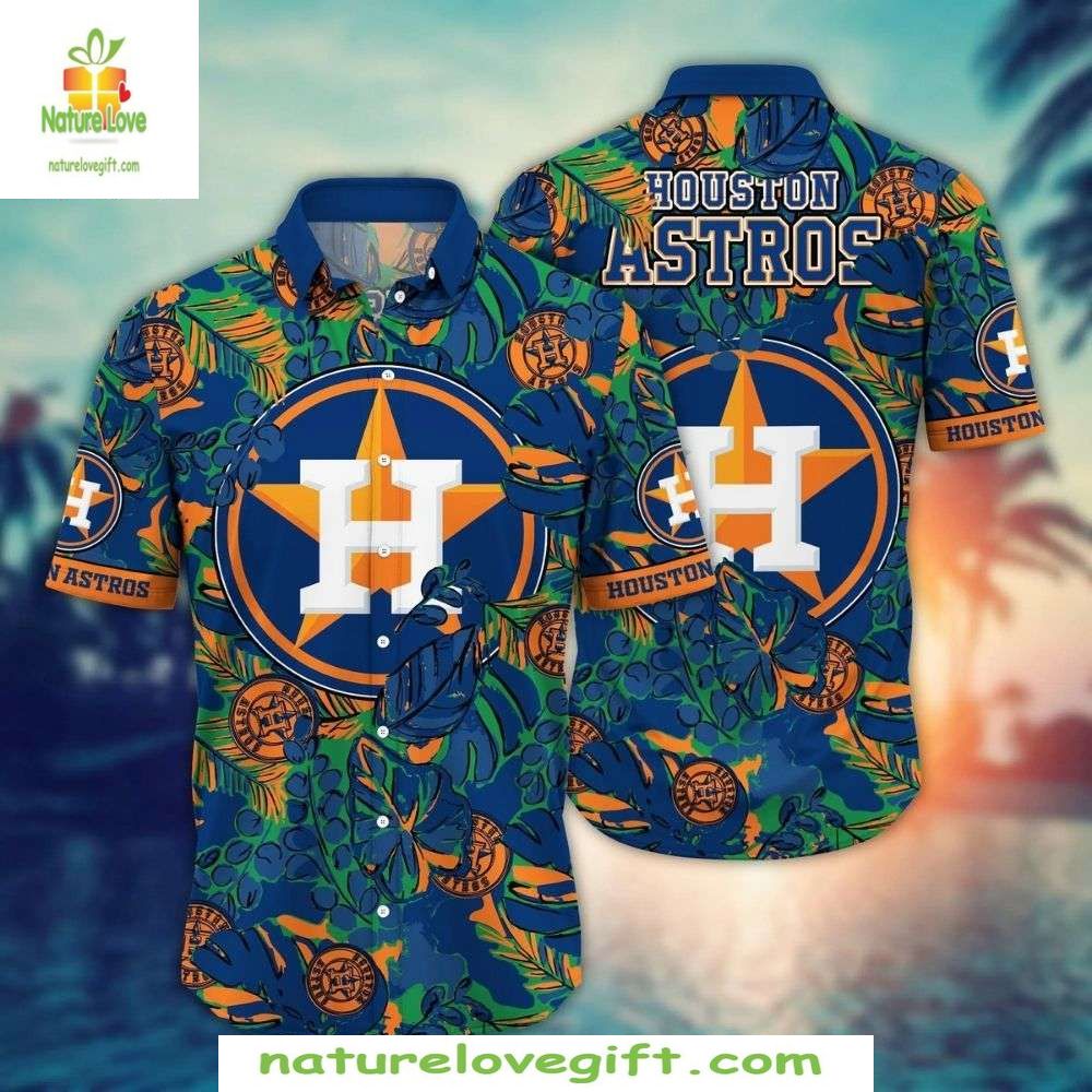 Houston Astros Hawaiian Shirt Floral Big Logo MLB Baseball Apparel