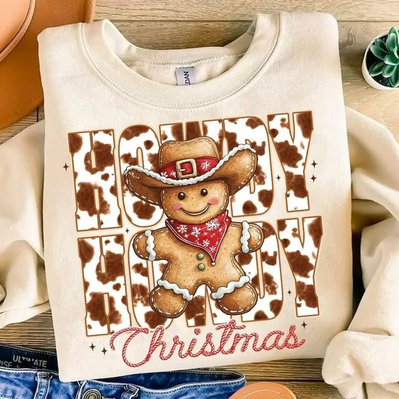 Howdy Christmas sweatshirt,hoodie,tshirt, Howdy Gingerbread Man Cowprint Sweatshirt, Retro Western Christmas Season...