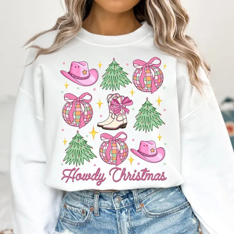 Howdy Christmas, Pink Western Cowgirl Shirt, Coquette Christmas Bow, Merry Christmas Western Cowgirl Sweater Hoodie,...