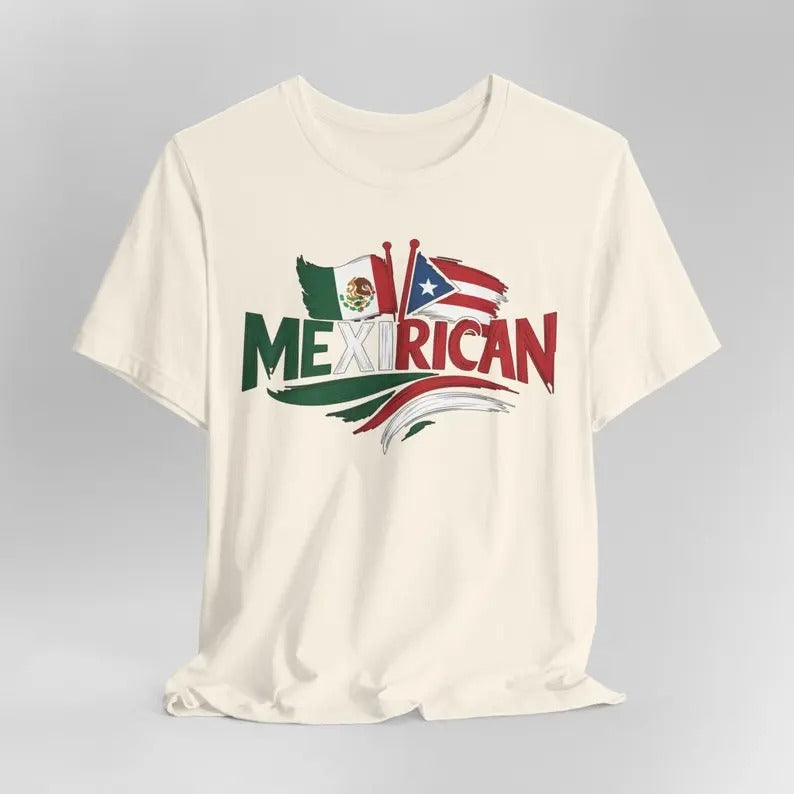 Hybrid Flag MexiRican Mexican Puerto Rican T-Shirt Cotton Fit Casual Classic Fabric Jersey Knit Menswear Collar Garment Long Seamless Sleeve Top Tee Quarter Tshirt