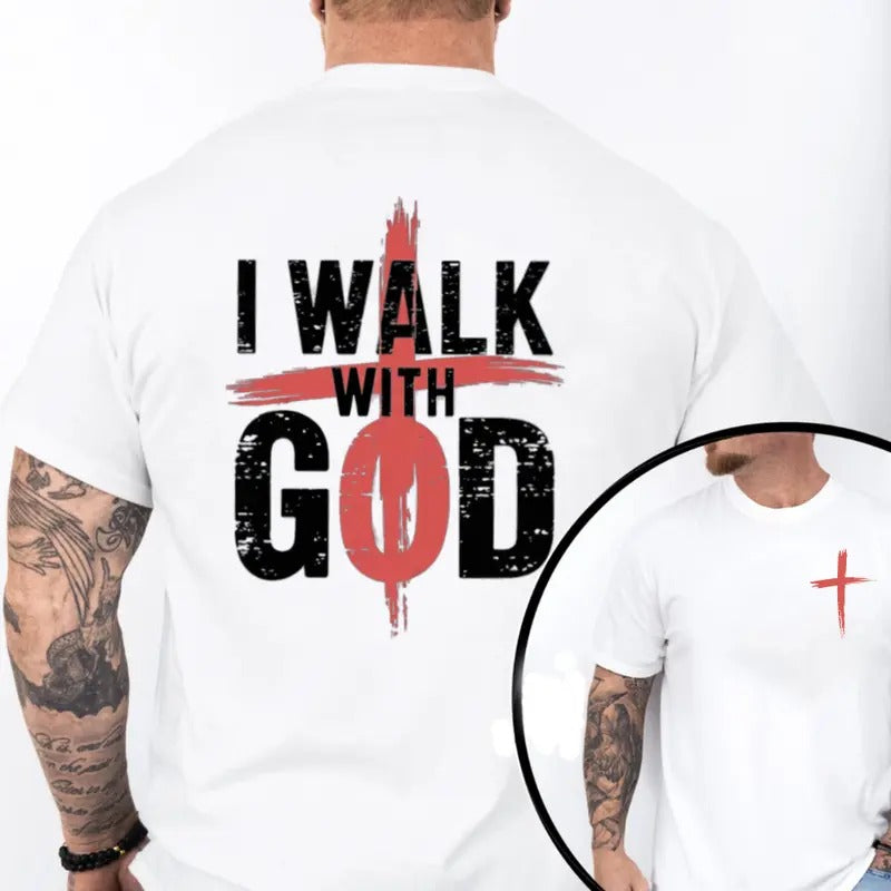 I Walk With God Graphic Tee Pure Cotton Casual Street Style Crew Neck Short Sleeve T-Shirt Tops Trendy For Women For Men, Perfect Gift Fabric