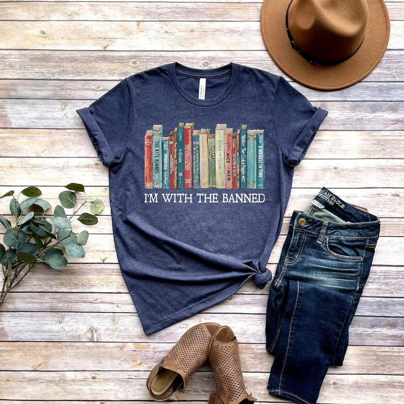 I'm With The Banned, Banned Books Shirt, Banned Books Sweatshirt, Unisex Super Soft Premium Graphic T-Shirt,Reading Shirt. Librarian Shirt Menswear Top Underwear Streetwear