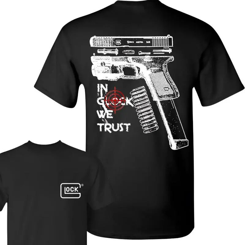 IN GLOCK WE TRUST Black T-shirt with Multicolor Design Hoodie, Sweatshirt | InkThreadWorks.com