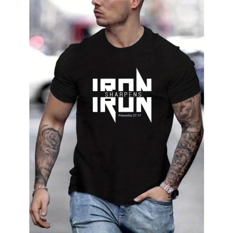 IRON SHARPENS Letter Graphic Print Men's Creative Top, Casual Short Sleeve Crew Neck T-shirt, Men's Tee For Summer Outdoor Made in USA