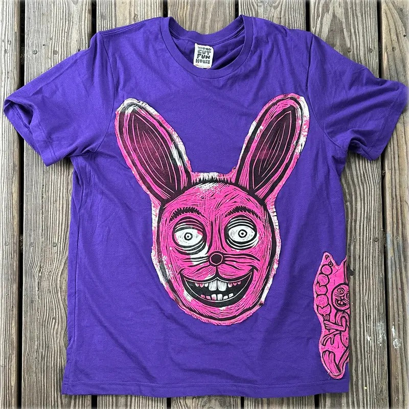 Ice Cream Rabbit Hand printed Limited Edition Woodcut T Shirt Menswear Cotton Top Graphics Long Sheer Tee Handmade Soft