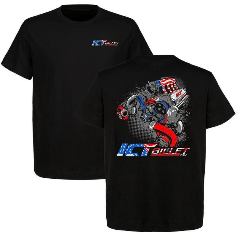 Ict Billet American Flag Shirt Mens Cotton Tee, Menswear Car Parts Short Sleeve