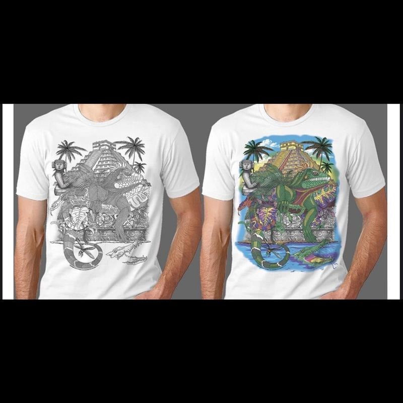 Iguana pirámide changing colors Cotton White Menswear Tshirt Top Casual Crewneck Hoodie, Sweatshirt | InkThreadWorks.com