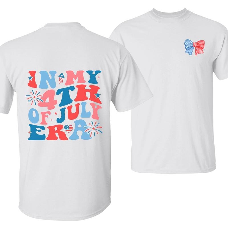 In My 4th of July Era T-Shirt, Cute Patriotic Independence Day Tee, Red White and Blue Bow Graphic, Fireworks and Stars Design, Festive Holiday Outfit, Unisex Cotton Shirt for Men and Women