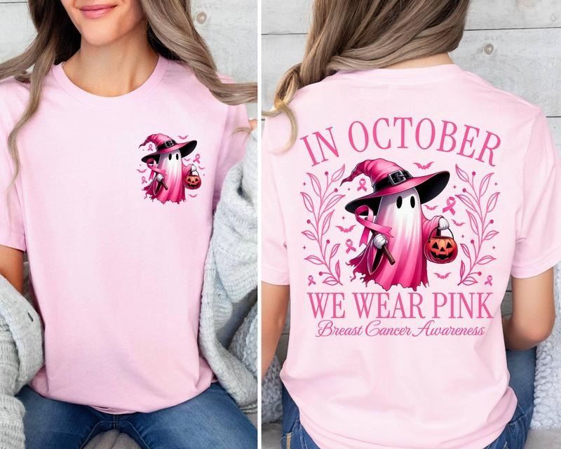 In October We Wear Pink Ghost Shirt, Halloween in October We Wear Pink, Breast Cancer Awareness Shirt, Pink Ribbon Shirt,...