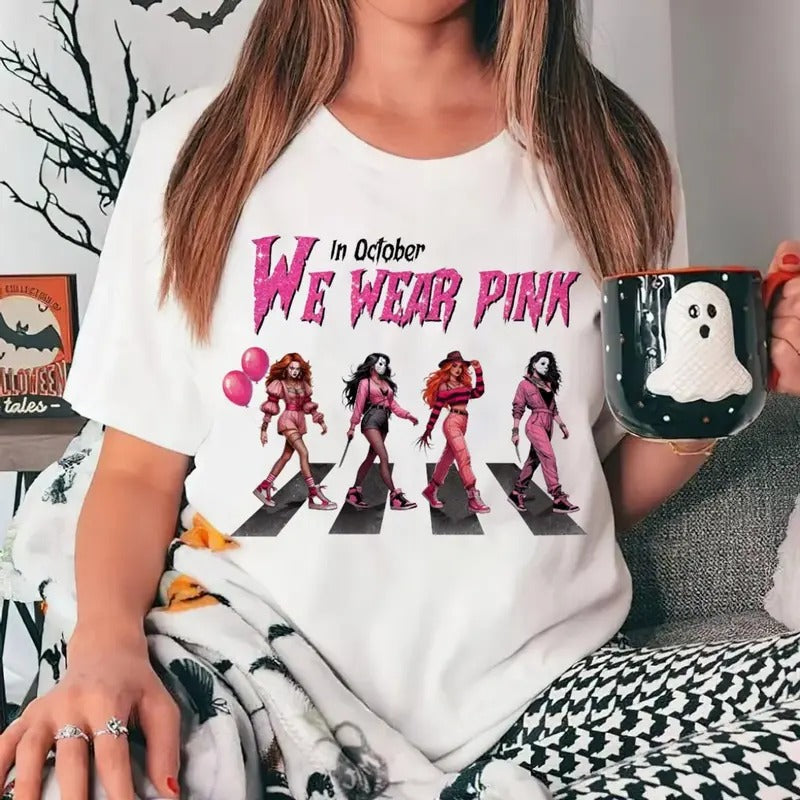 In October We Wear Pink Shirt Bundlle, Pink Breast Cancer Tshirt, Horror Movie Pink, Slasher Movie, Unisex Short Sleeve Tee Cotton Casual