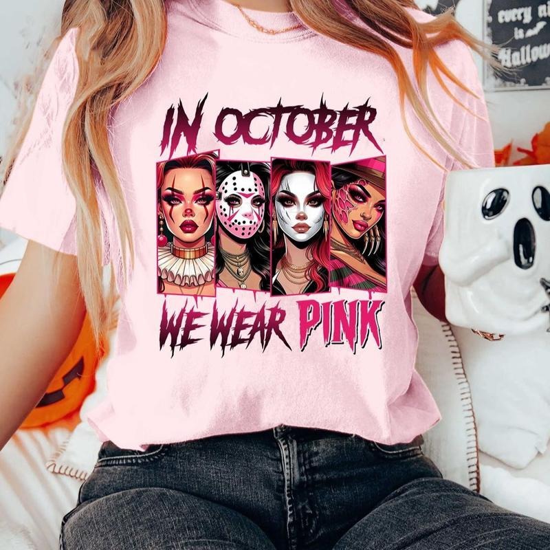 In October We Wear Pink Shirt, Halloween Movie Shirt, Pink Halloween Characters, Pink Ribbon, Breast Cancer Awareness, Cancer Support Shirt, Sp00ky Season Shirt, Lady Horror Shirt, Halloween Lady Shirt
