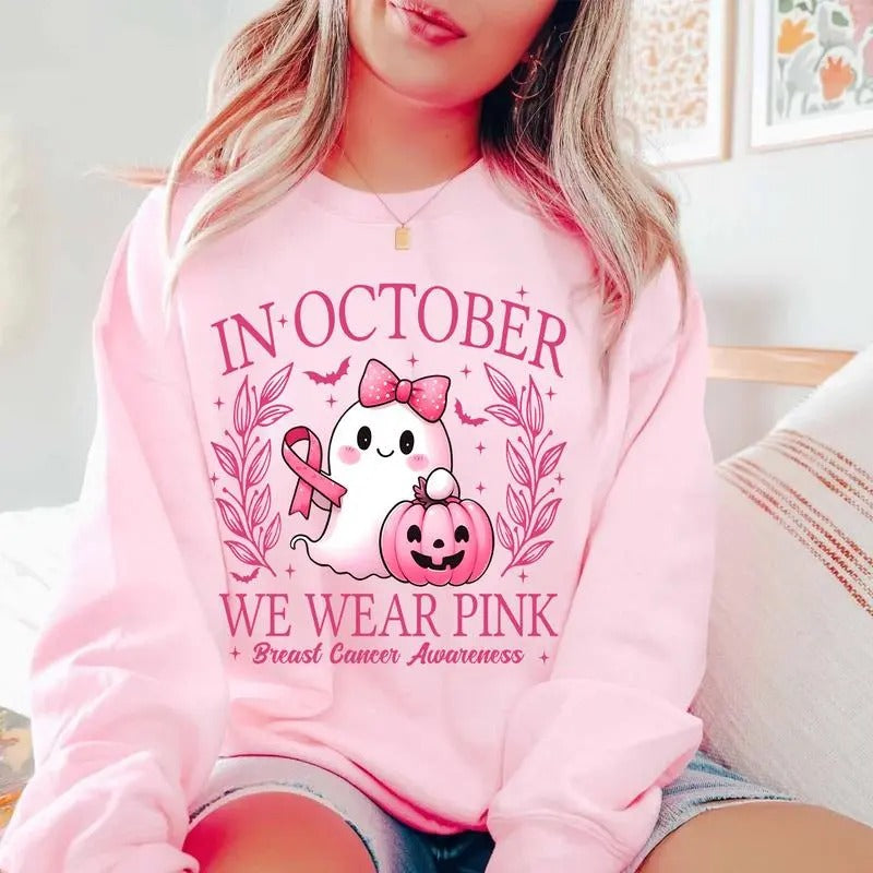 In October We Wear Pink Sweatshirt, Retro Breast Cancer Awareness T-Shirt, Halloween Pink Ghost Sweatshirt, Breast Cancer...