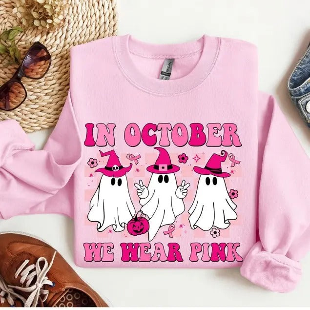 In October We Wear Pink Wizard Ghosts Sweatshirt, Breast Cancer Halloween Shirt, Support Breast Cancer Support Tee, Halloween Shirt, Halloween Sweatshirt, Unisex Classic Cotton Tee with Graphic Print in All Sizes, For Men, For Women