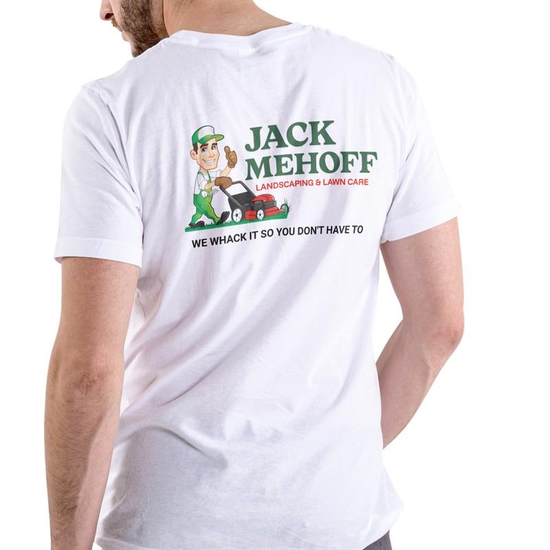 JACK MEHOFF LANDSCAPING Unisex Cotton Graphic Tee T Shirt with Fun Lawn Care Cartoon Design