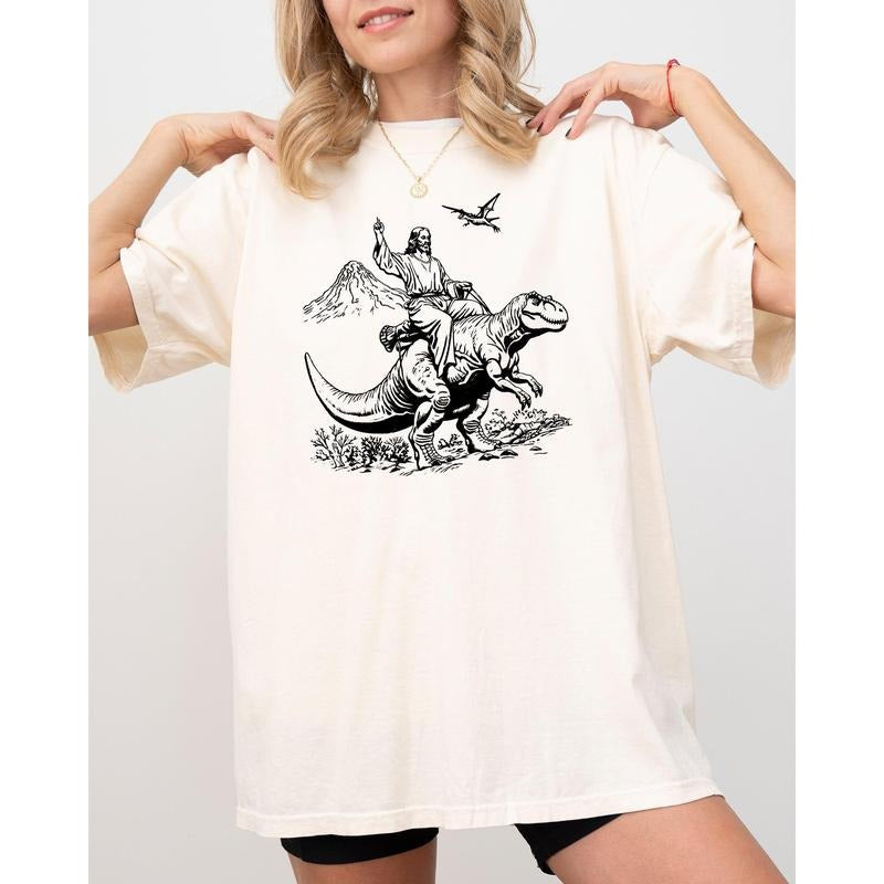Jesus Riding A Dinosaur, Tyrannosaurus Rex, Funny, Aesthetic, Meme, Jurassic Shirt, Women's Comfort Color Tee, Tshirt...