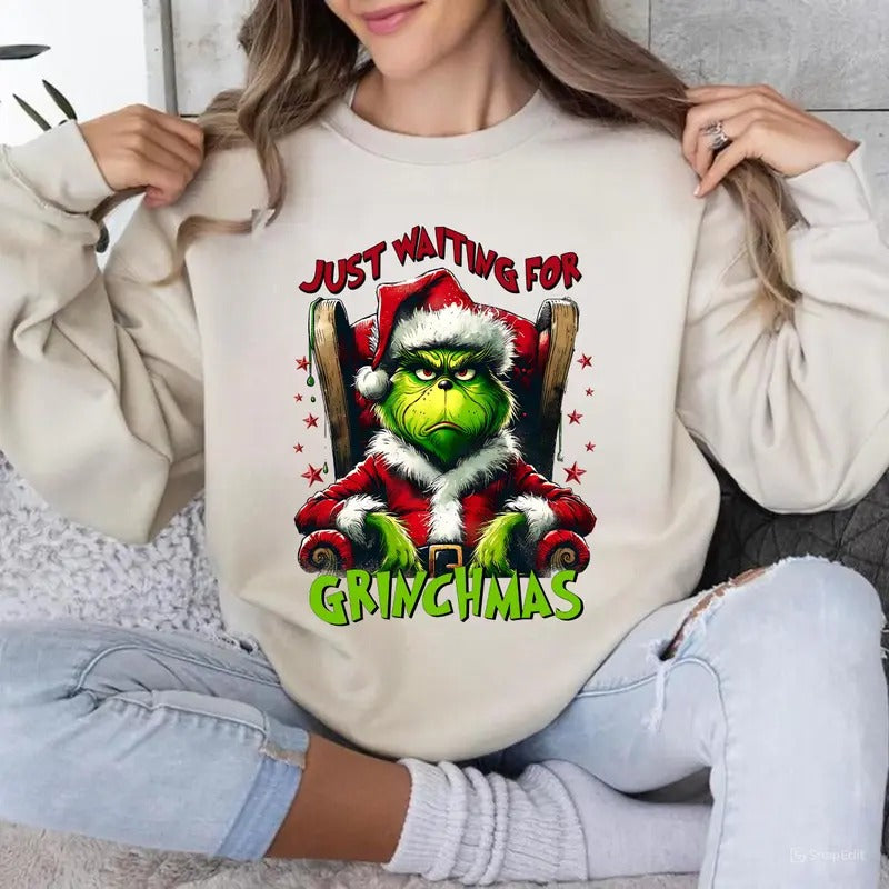 Just Waiting For Grinnnchmas Sweatshirt, Christmas Sweatshirt, Movie Sweatshirt, Gift For Men, For Women
