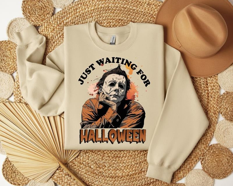 Just Waiting For Halloween Sweatshirt, Retro Horror Characters Halloween T-shirt, Gifts for Halloween, Spooky Season...