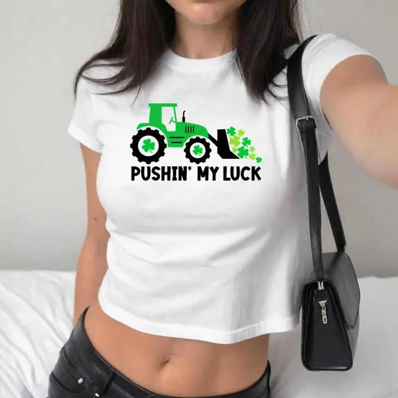 Kids St Patrick's Day Baby Tee, Funny St Paddys Shirt, Tractor Baby Tee, Pushing My luck Shirt, Shamrock Baby Tee For Women