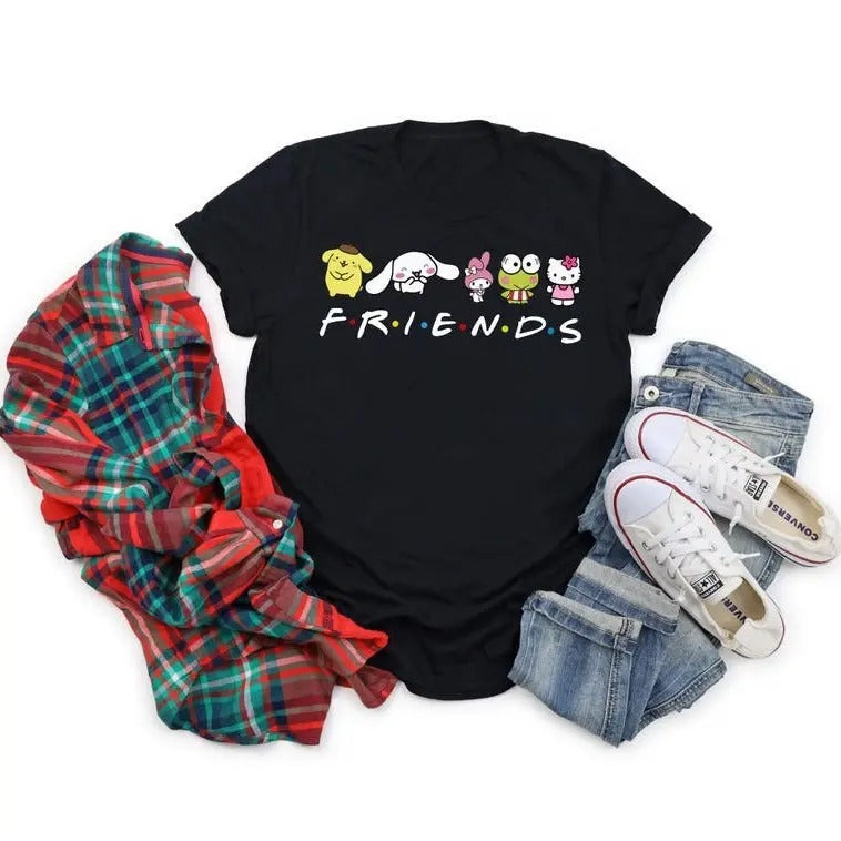 Kitty Friends T-Shirt, Kitty Pompompurin Cinnamoroll My Melody Keroppi Group Tee, Kitty Tee Hoodie, Sweatshirt