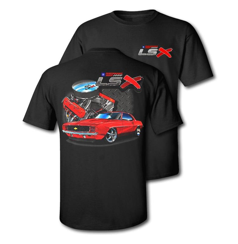 LSX Chevy Muscle Car Graphic T-Shirt Classic Red Camaro & Engine Design Comfortable Crewneck Unisex Top Made in USA Biker Casual Cotton Menswear Streetwear Apparel Hoodie Polyester Sweatshirt
