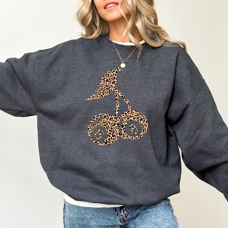 Leopard Cherry 8 Ball Sweatshirt, Y2k Cherry 80s Graphic Printed Crewneck, Cherry T-Tee, Retro Billiard Lovers Sweater, Cherry 8 Ball Tee, Gift for Women, Comfy Long Sleeve Pullover, Cotton Fabric Relaxed Fit Chic Style