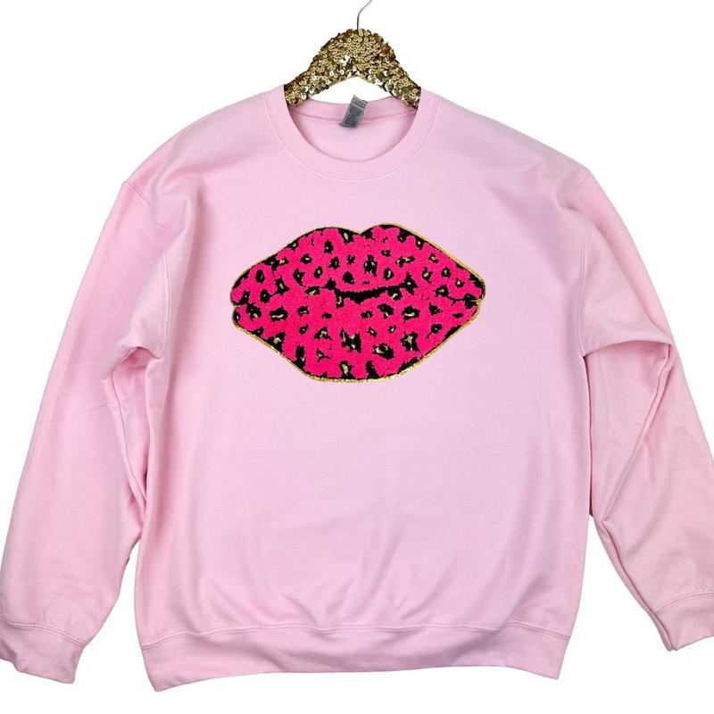 Leopard Lips Chenille Patch Sweatshirt -- LIGHT PINK T-Shirts, Hoodie | InkThreadWorks.com