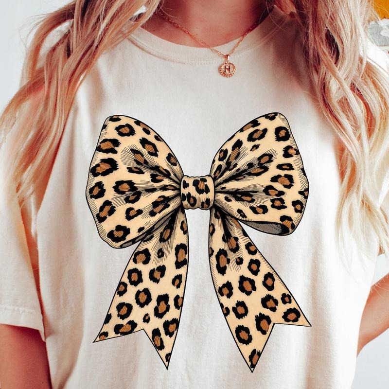 Leopard Print Coquette Bow Tee, Cheetah Print Bow Shirt, Trendy Leopard Pattern Ribbon Gift Hoodie, Sweatshirt