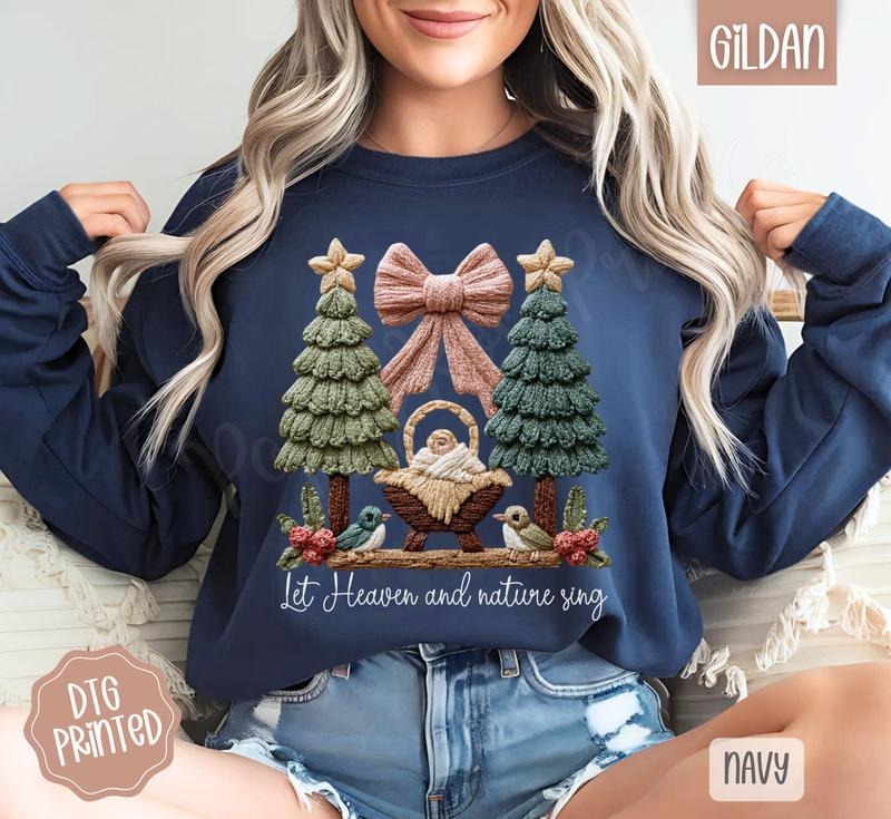 Let Heaven & Nature Sing Faux Crochet Sweatshirt, Trendy Women's Christmas Sweater T-Shirts, Hoodie | InkThreadWorks.com